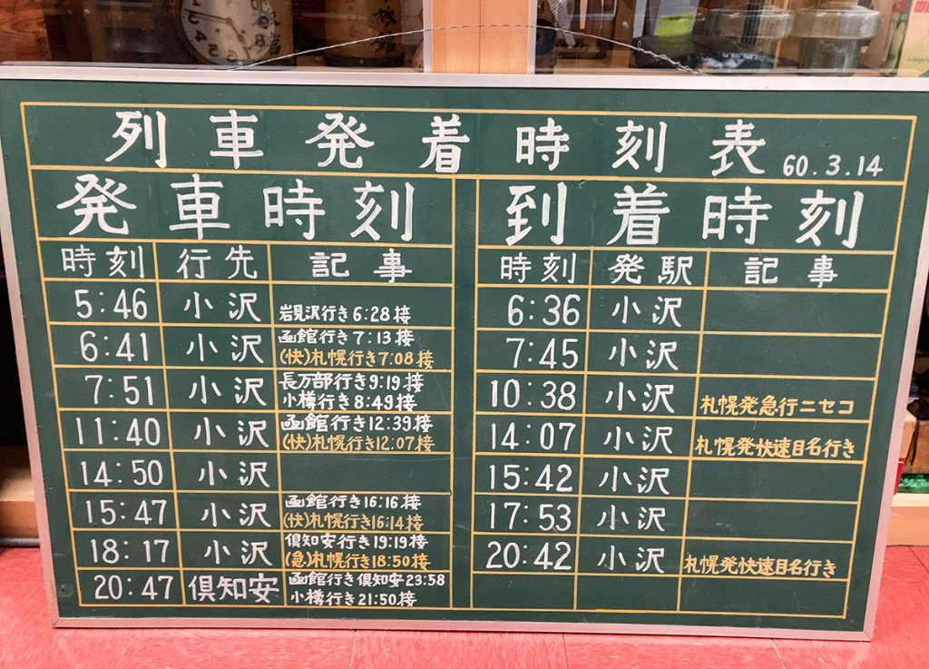 旧・岩内駅で使われていた1985年当時の発着時刻案内板