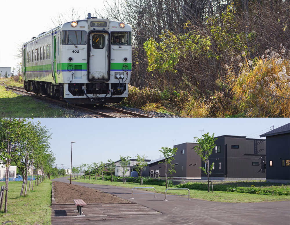 大体同じ位置から撮った、2014年（上）と2024年の新十津川駅付近