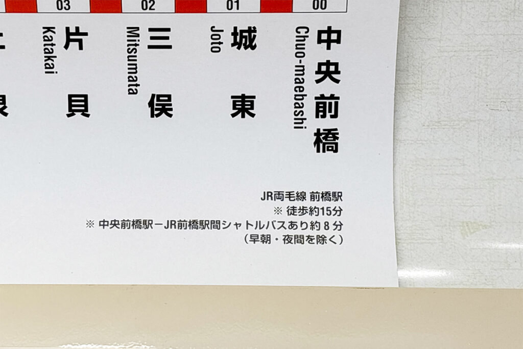 電車の車内路線図下にシャトルバスの案内が書いてあった